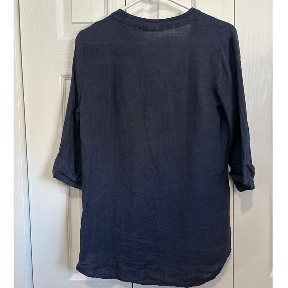 Lungo L’Arno Navy Blue 100% Linen Made in Italy Button Front Top Medium - Picture 3 of 7